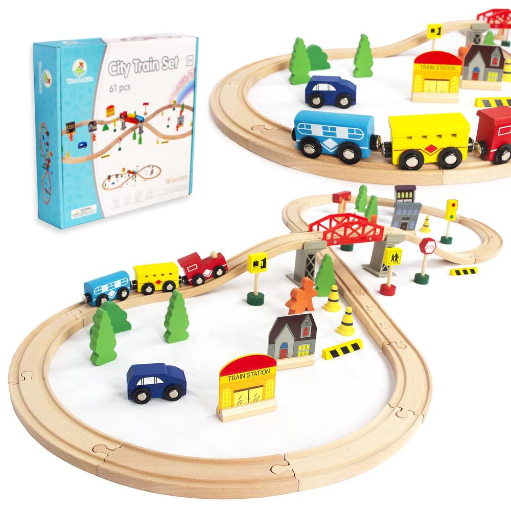 woodenedu 61pcs train set for toddlers, bridge & double-side wooden train set tracks, fits brio, thomas, melissa and doug, ki