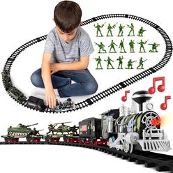 Atlasonix usa train set for kids - includes toy train, helicopter, tank, soldiers, and train tracks - military toy train set for boys a