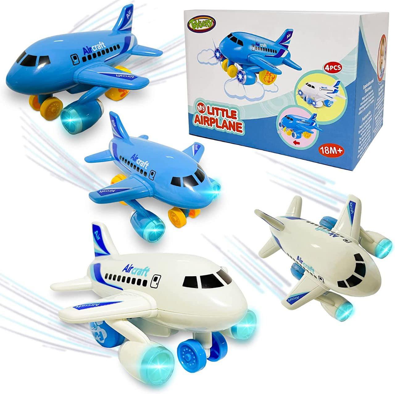 toysery push and go toddler airplane toy for boys & girls. set of four friction toy airplanes with flashing lights & airplane
