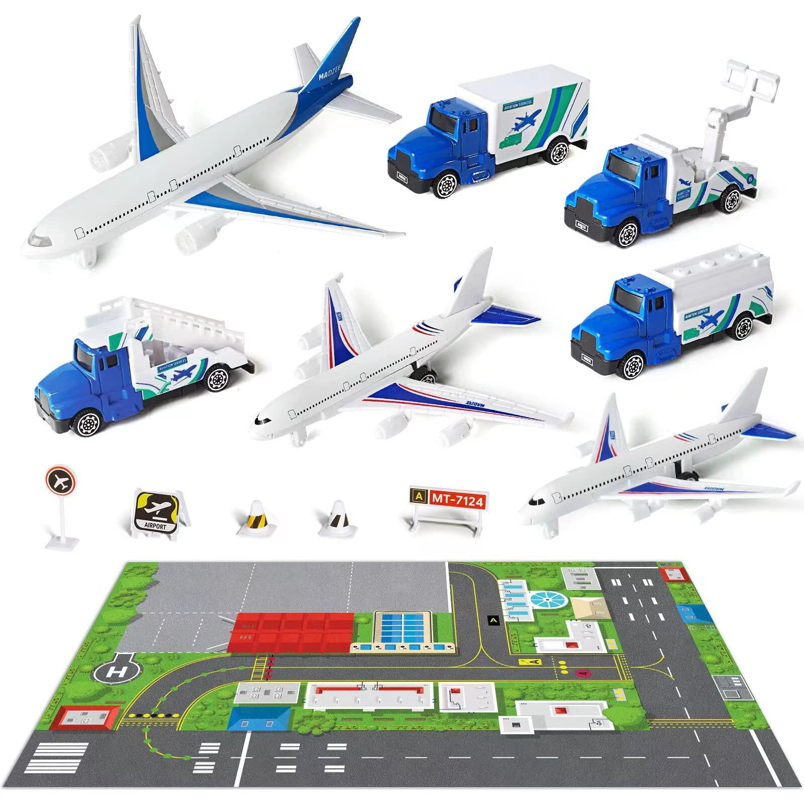 Madzee airplane toy set and kids activity play mat with planes, trucks, signs, and large playmat airport, interactive early learning