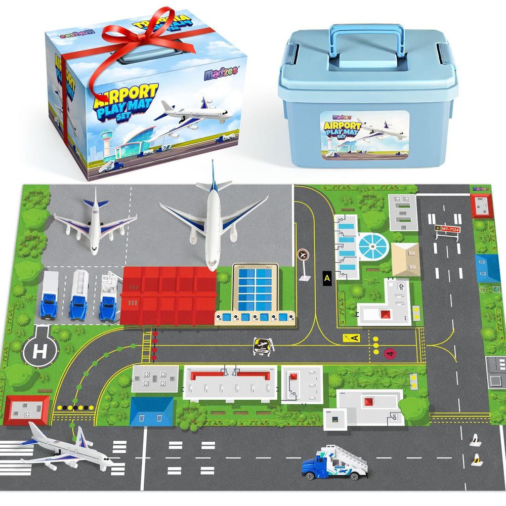 Madzee airplane toy set and kids activity play mat with planes, trucks, signs, and large playmat airport, interactive early learning