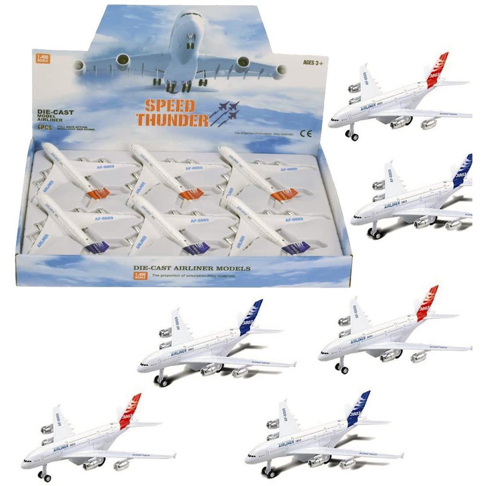 Liberty Imports 6 pack: diecast commercial airplane toys, 7.2" big model airliners a380 planes with lights and sound - 1:400 pull back alloy 