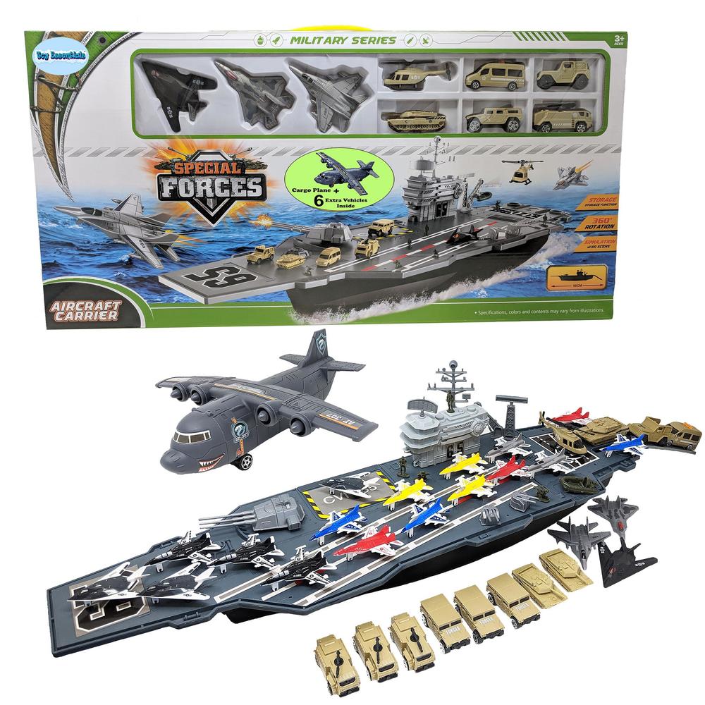 Toy Essentials toy aircraft carrier army men with cargo plane 18 warplane fighter jets and 6 extra military vehicles