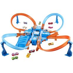 hot wheels toy car track set, criss cross crash with 1:64 scale vehicle, powered by a motorized booster ( exclusive)