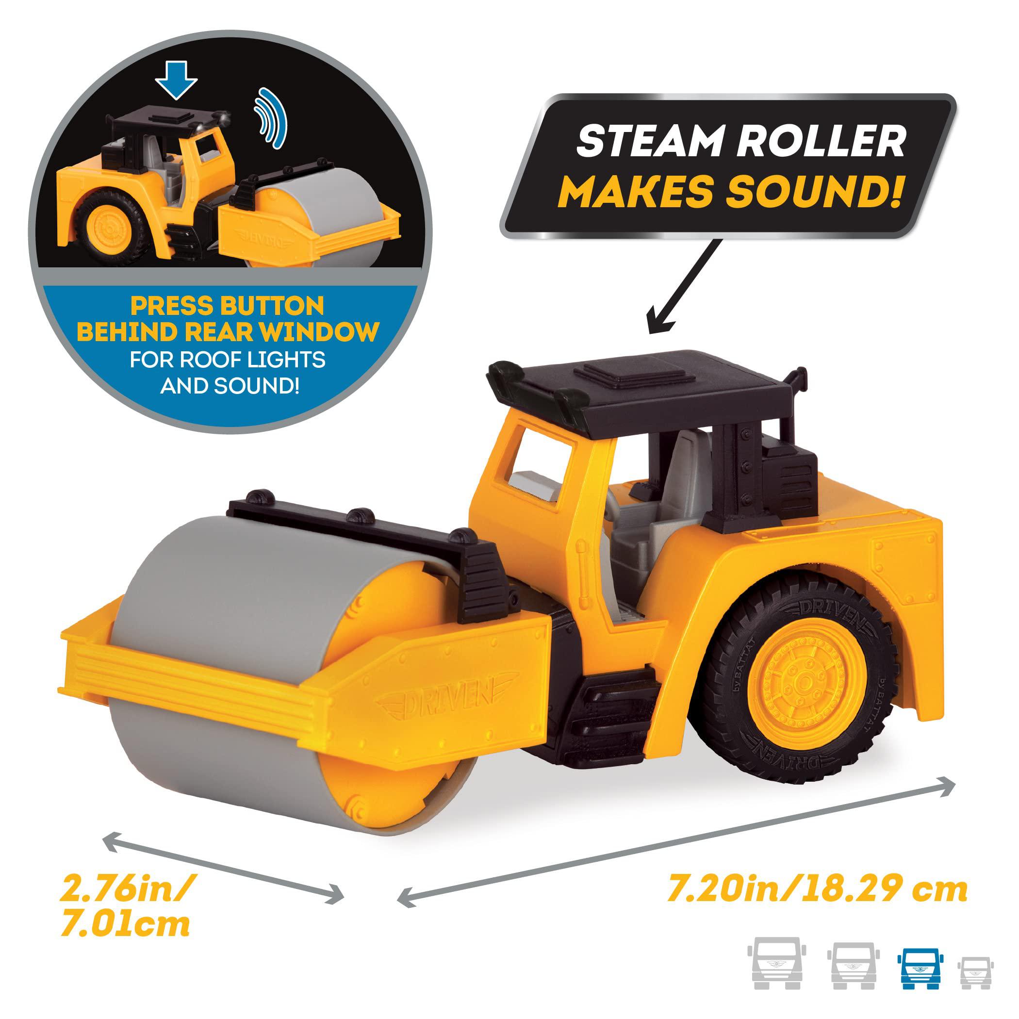 driven by battat - micro, rugged toy steam roller with lights and sounds, for kids age 4+