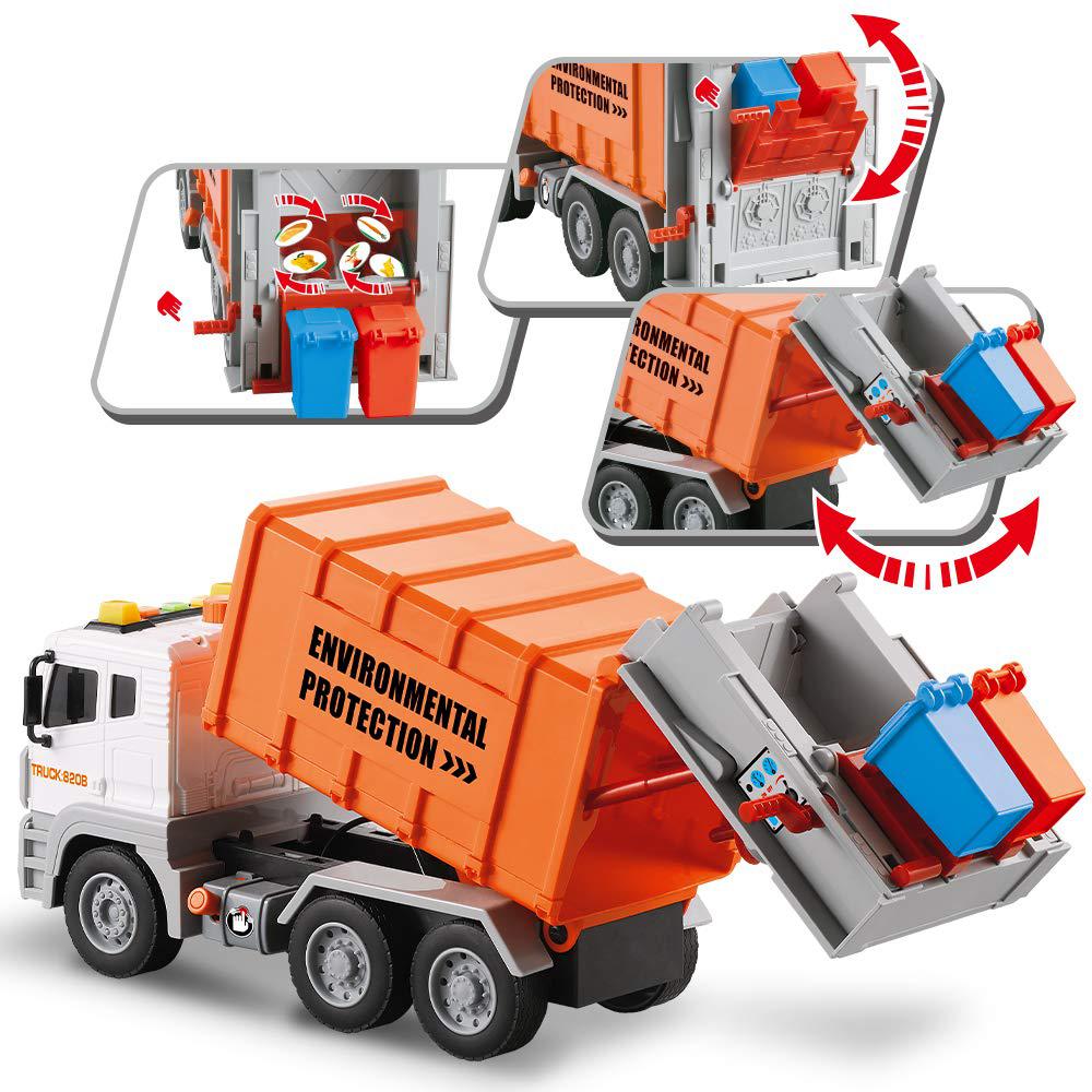 love life 12" garbage truck toys trash truck dump truck with 4 garbage cans, friction powered truck with sound and light ,pus