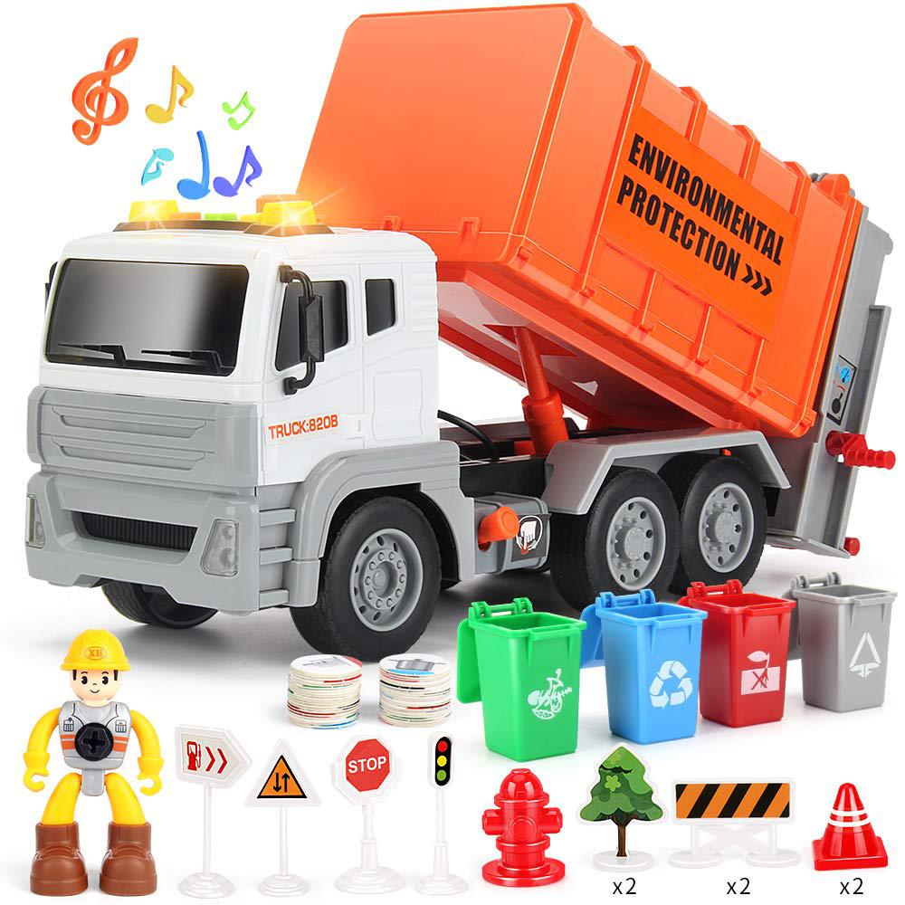 love life 12" garbage truck toys trash truck dump truck with 4 garbage cans, friction powered truck with sound and light ,pus