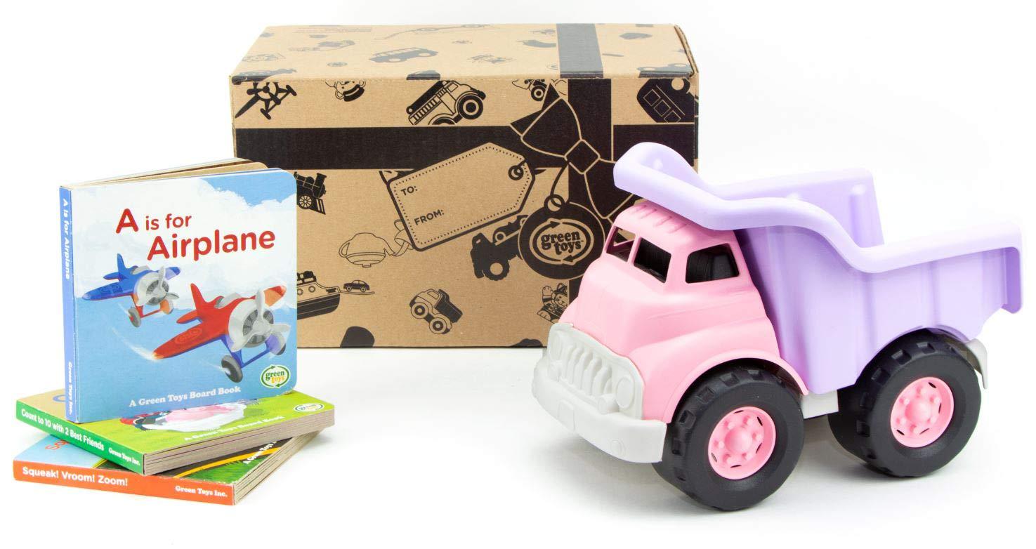 green toys dump truck, pink & board book set, 3-pack - pretend play, motor skills, reading, kids toy vehicle. no bpa, phthala