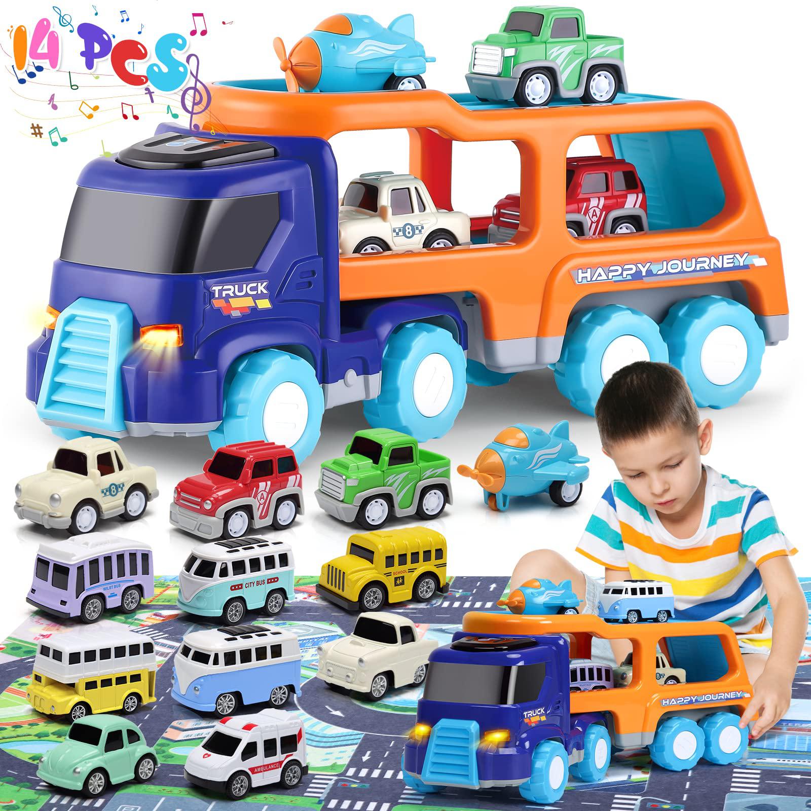 ThinkMax 14pcs toy trucks car for 3 4 5 year old toddlers boys girls,transport car carrier truck pull back vehicles toys, car trucks t