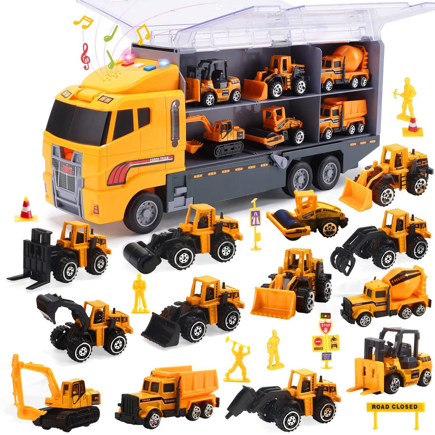 cute stone 25 in 1 construction trucks push and go car carrier truck toy, play vehicles with sounds and lights, 12 mini dieca