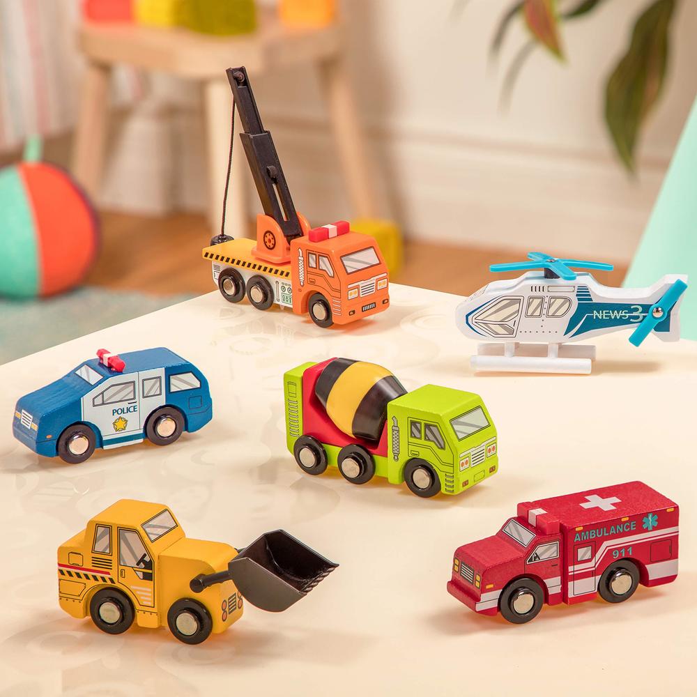 battat - wooden vehicles - miniature wooden toys, including toy cars, toy trucks, toy helicopter & ambulance, for kids age 3-