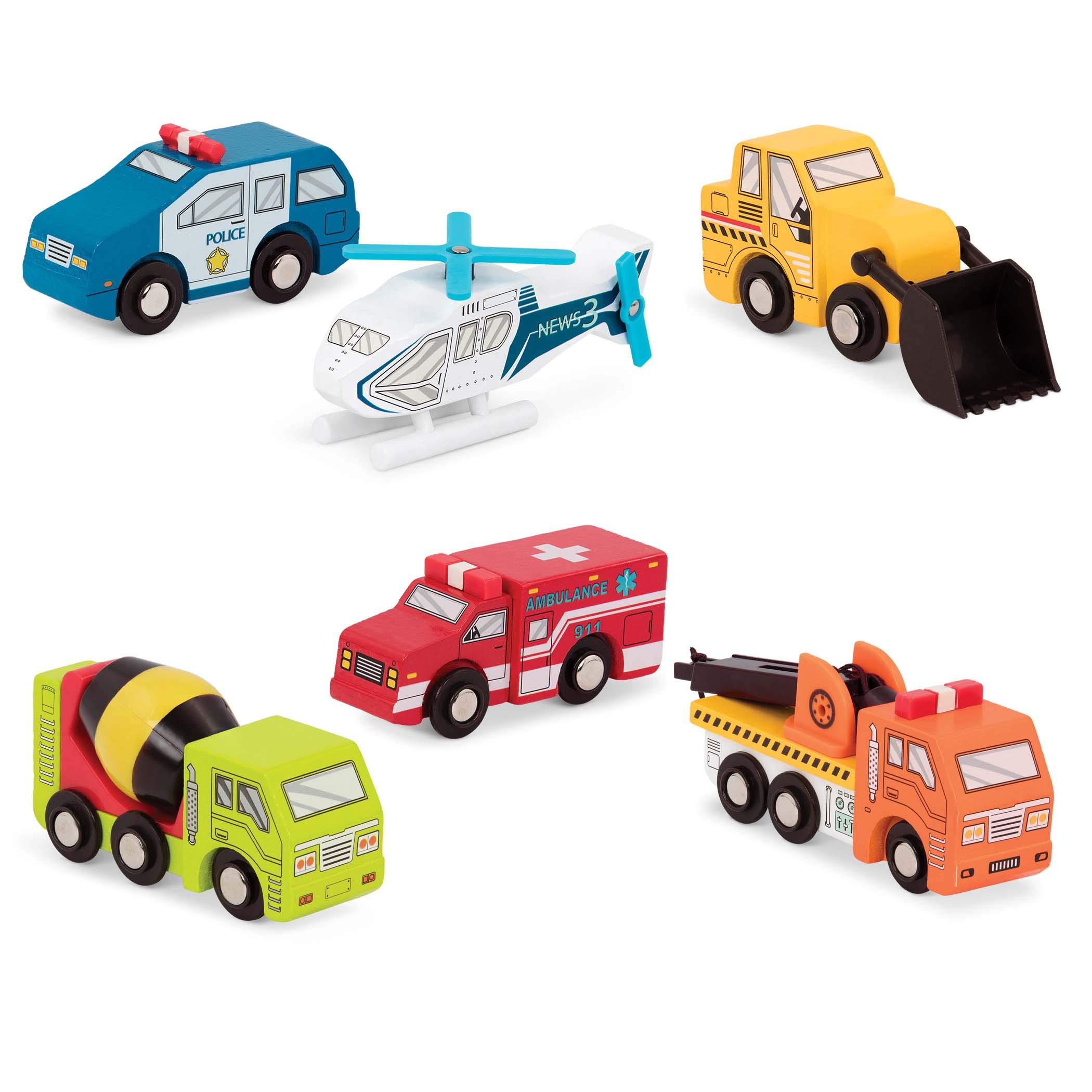 battat - wooden vehicles - miniature wooden toys, including toy cars, toy trucks, toy helicopter & ambulance, for kids age 3-