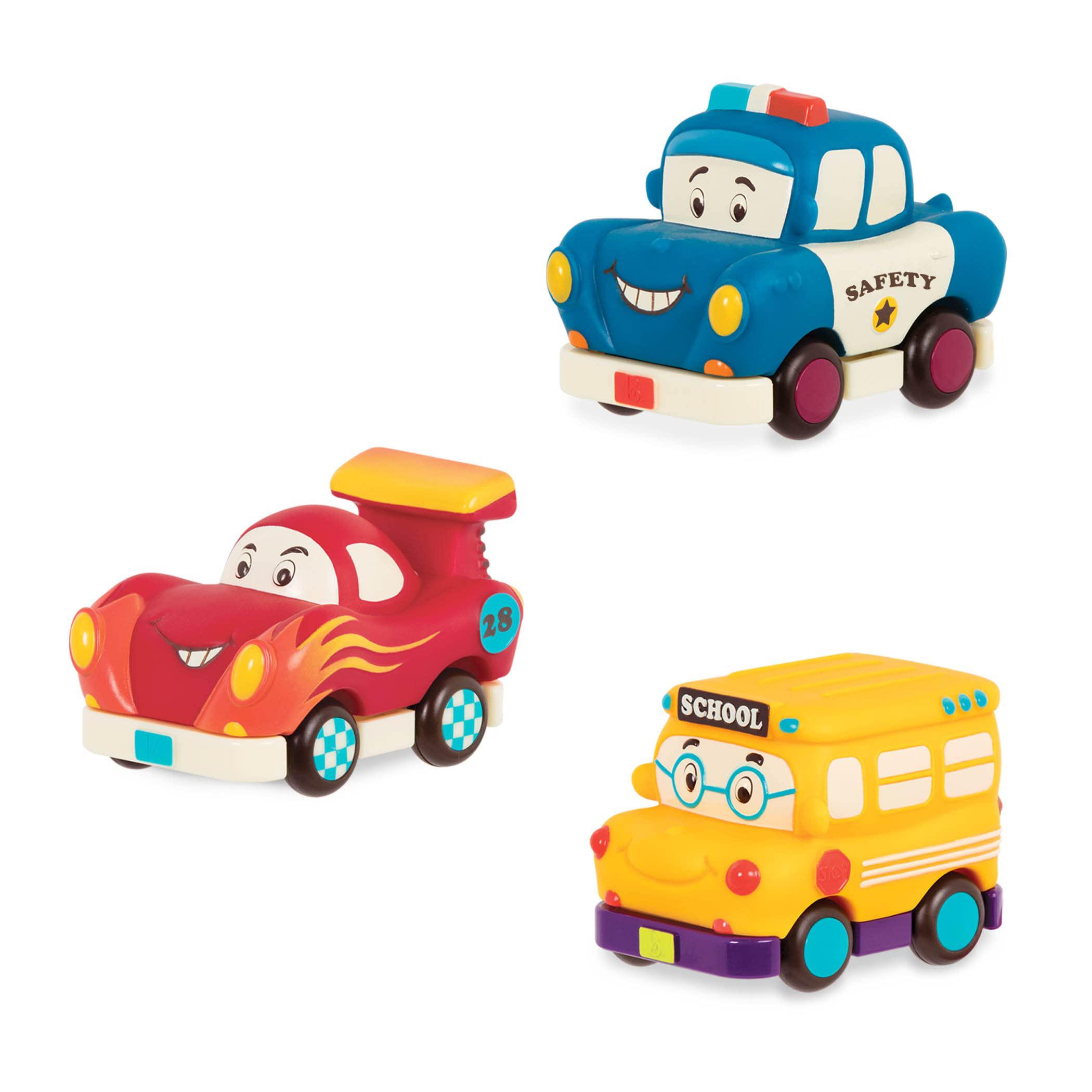 B.toys b. toys by battat - mini pull-back vehicles set, bus & cars, multi, 3pc hot rod, school bus, police car