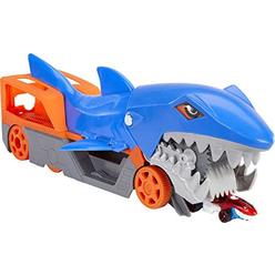 Hot Wheels Shark chomp Transporter Playset with One 1:64 Scale car for Kids 4 to 8 Years Old, Shark Bite Hauler Picks Up cars in
