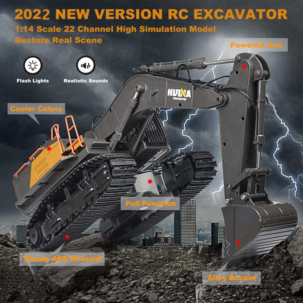 bnam remote control excavator toy 1/14 scale rc excavator, 22 channel upgrade full functional construction vehicles rechargea
