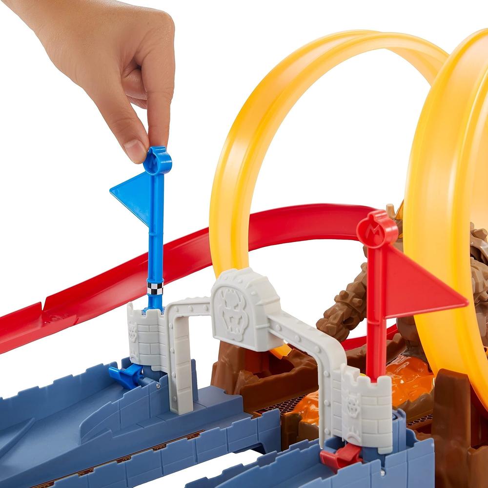 hot wheels mario kart bowsers castle chaos modular track with side by side racing lap flags and bowser figure connects to oth
