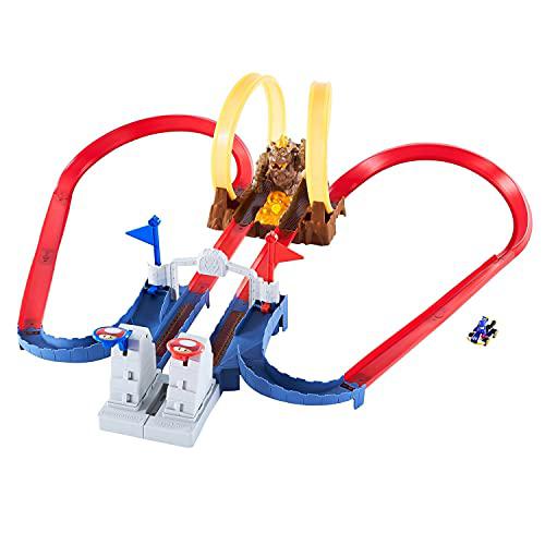 hot wheels mario kart bowsers castle chaos modular track with side by side racing lap flags and bowser figure connects to oth