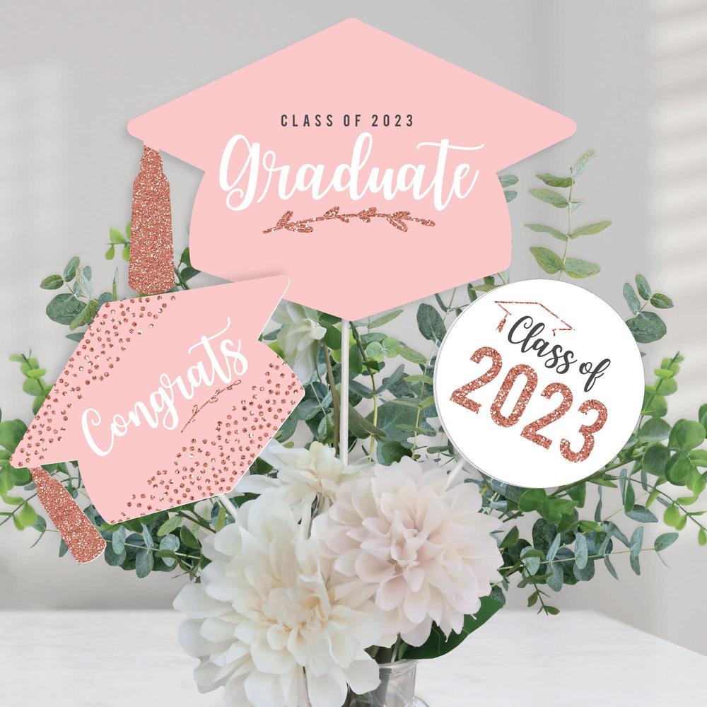 big dot of happiness rose gold grad - 2023 graduation party centerpiece sticks - table toppers - set of 15
