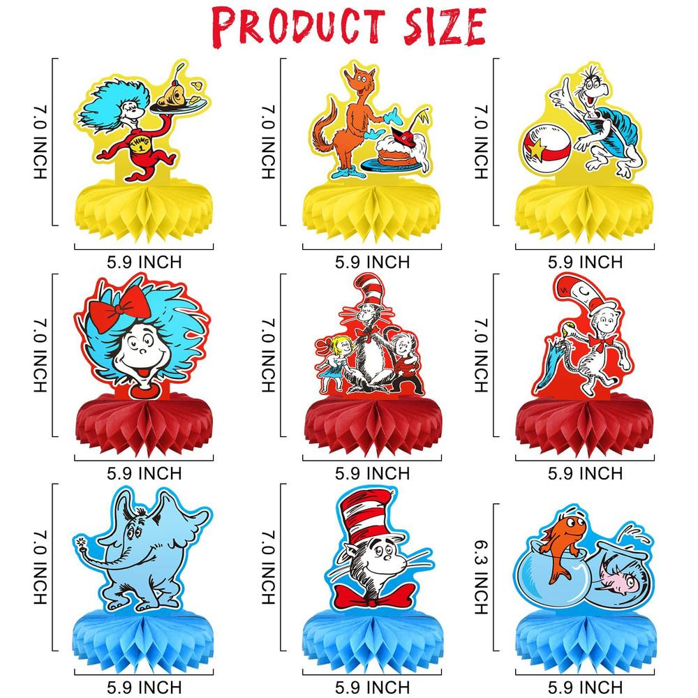doyay dr seuss theme 9pcs honeycomb centerpieces for party supplies, double sided table centerpieces