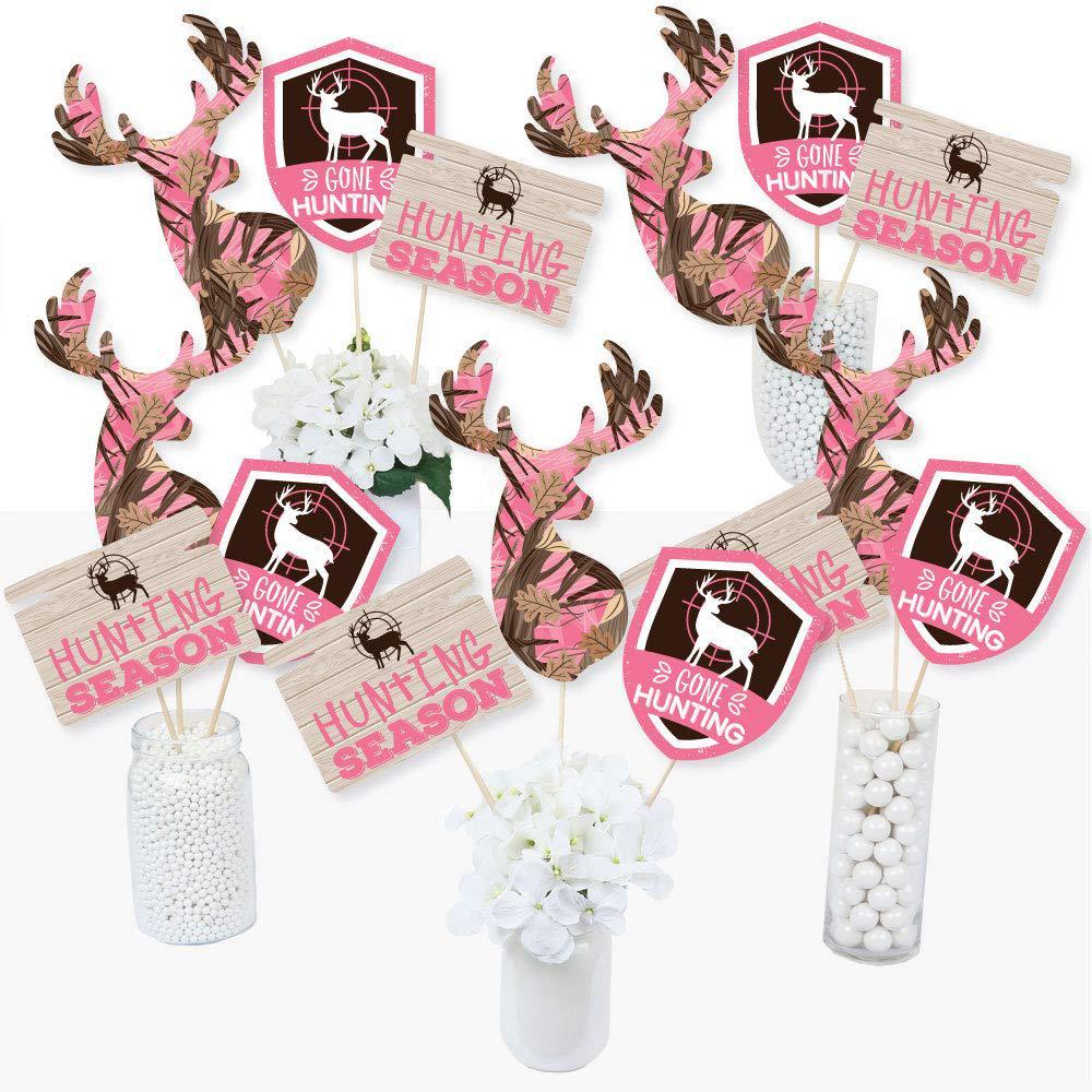 Big Dot of Happiness pink gone hunting - deer hunting girl camo baby shower or birthday party centerpiece sticks - table toppers - set of 15