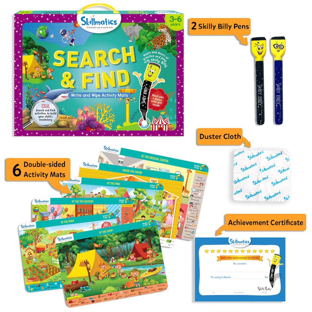 skillmatics search and find educational game - reusable activity mats with 2 dry erase markers, fun learning, gifts for ages 