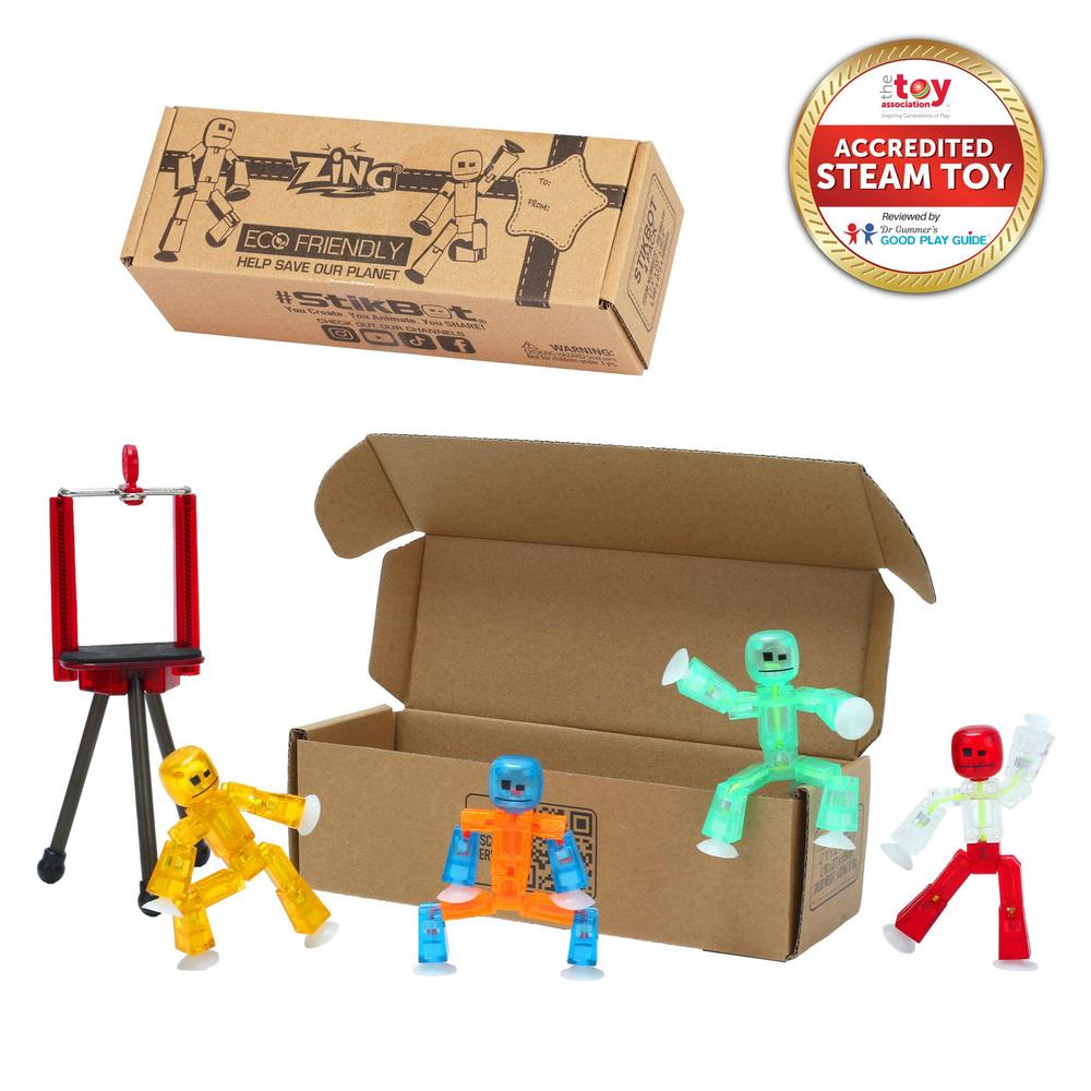 Zing Toys zing stikbot 4 pack with tripod, set of 4 stikbot collectable action figures and mobile phone tripod, create stop motion anim