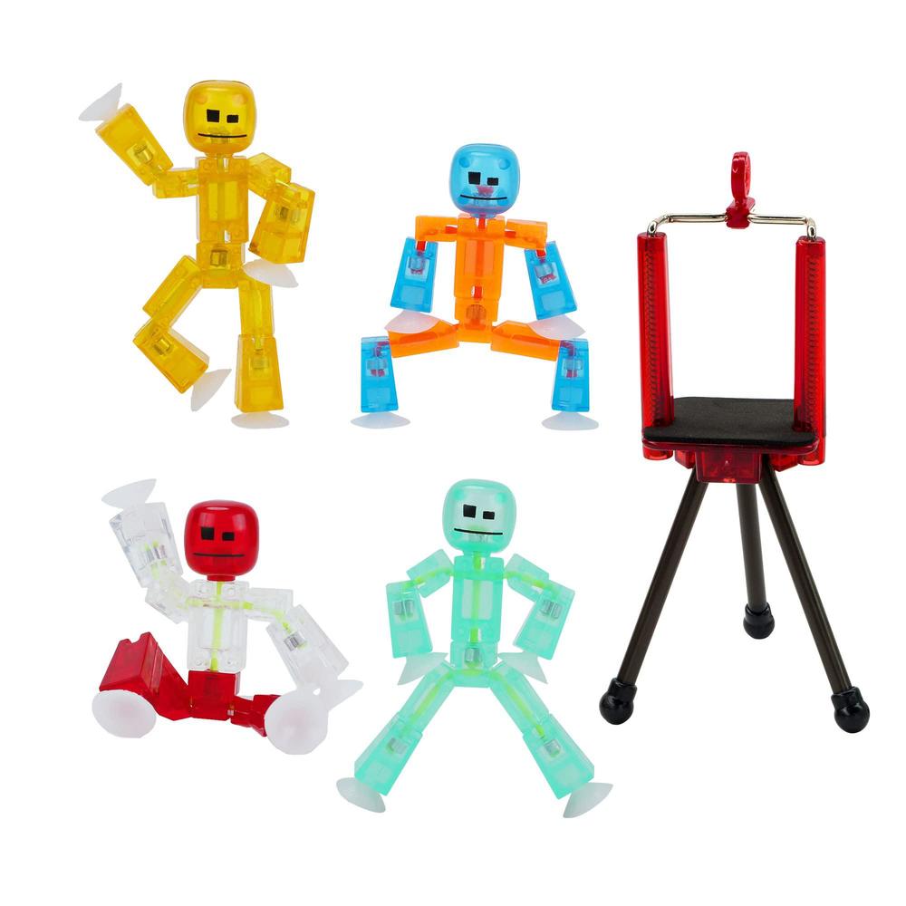 Zing Toys zing stikbot 4 pack with tripod, set of 4 stikbot collectable action figures and mobile phone tripod, create stop motion anim