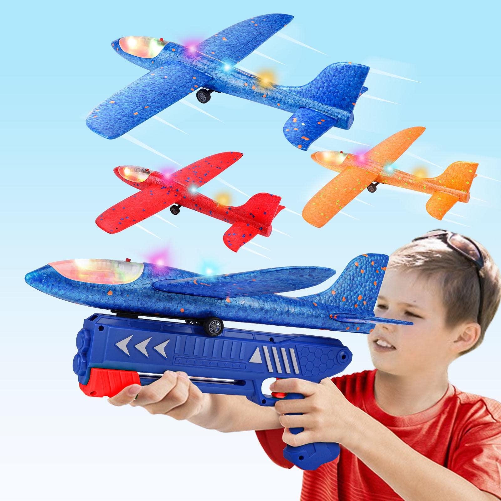 Aiencsai 3 pack airplane launcher toy, 12.6" foam glider led plane, 2 flight mode catapult plane for kids outdoor sport flying toys gi