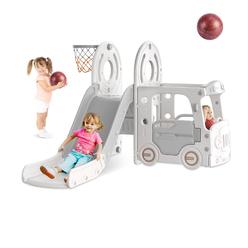 bierum 4 in 1 toddler slide, kid slide for toddlers age 1-3, bus themed baby slide with basketball hoop, indoor outdoor slide