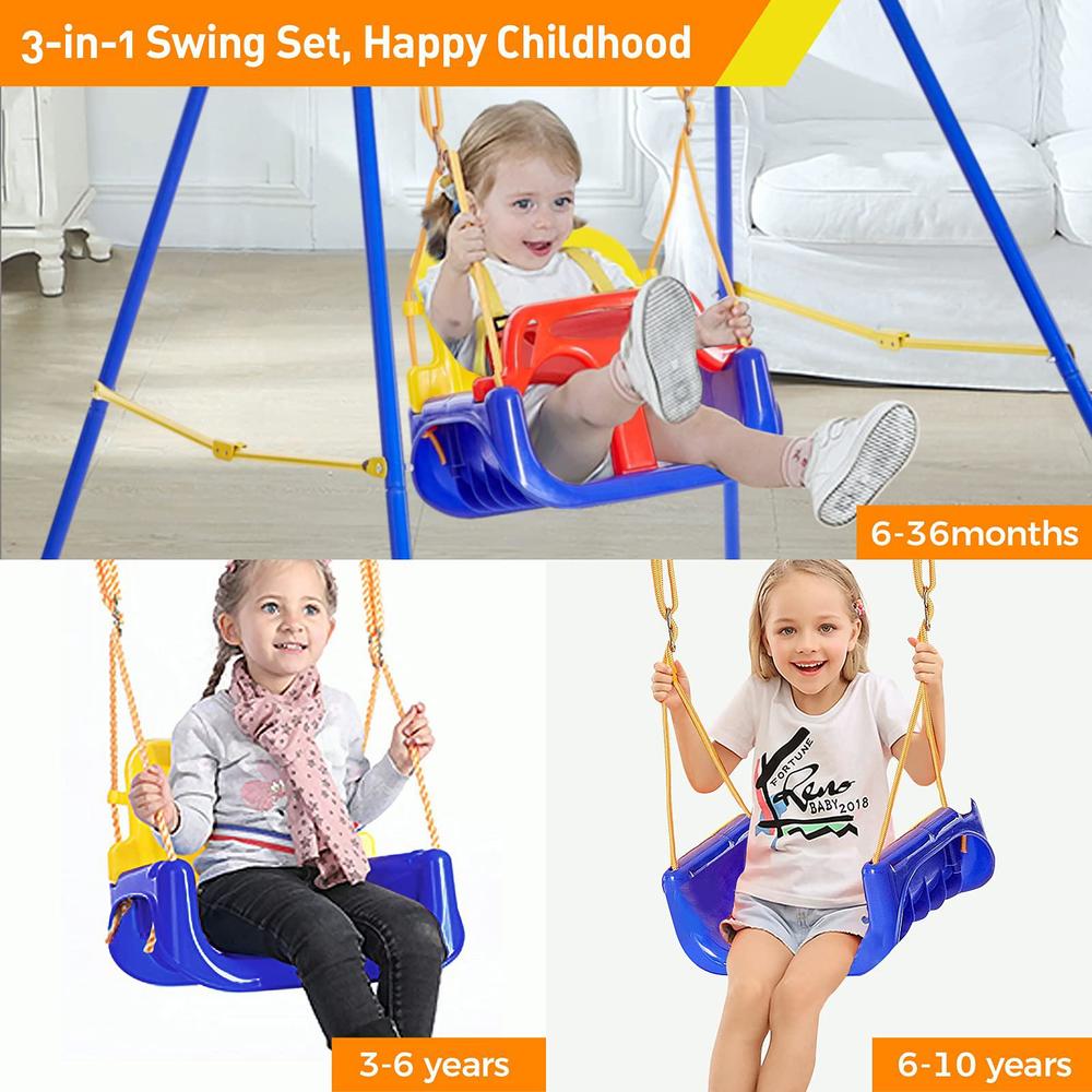 funlio 3-in-1 toddler swing set with 4 sandbags, indoor/outdoor baby swing with foldable metal stand, kids swing set for back
