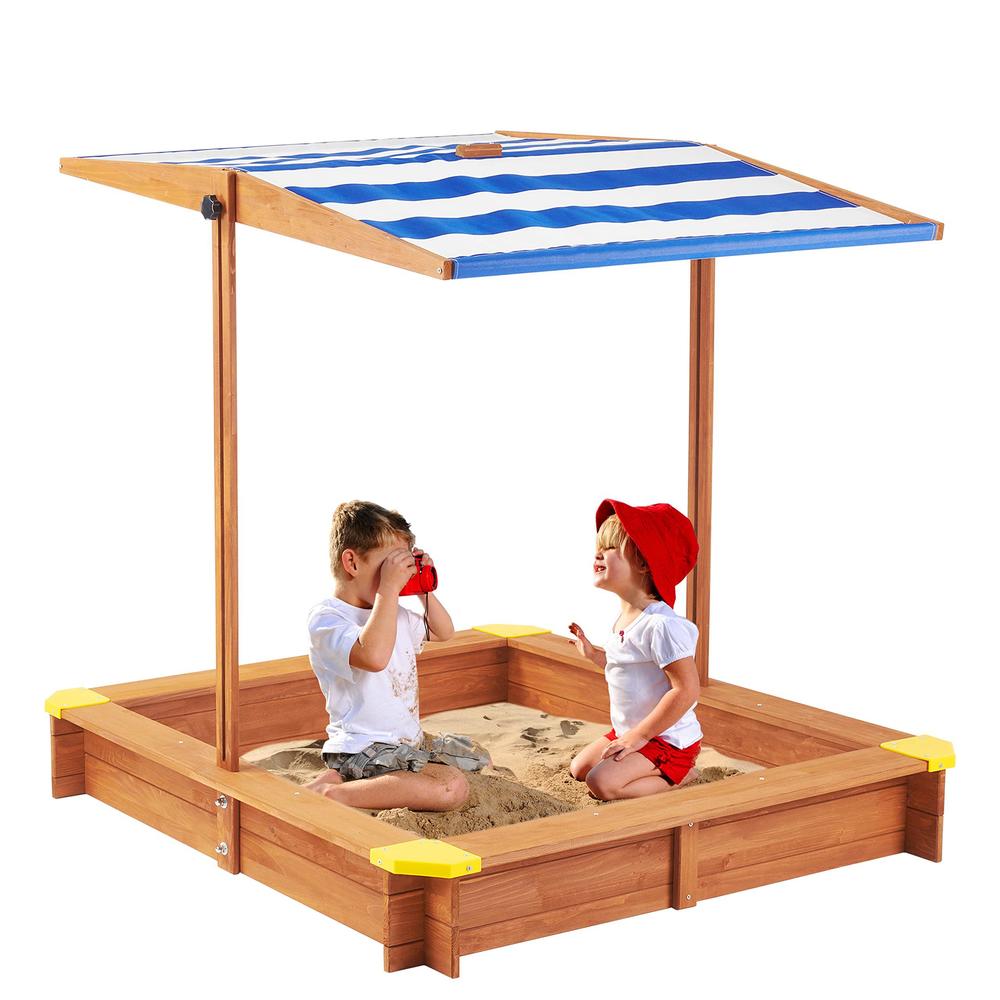 mederra kids sandbox with cover, 46'' wooden sand box w/adjustable canopy, outdoor sandpit for backyard play