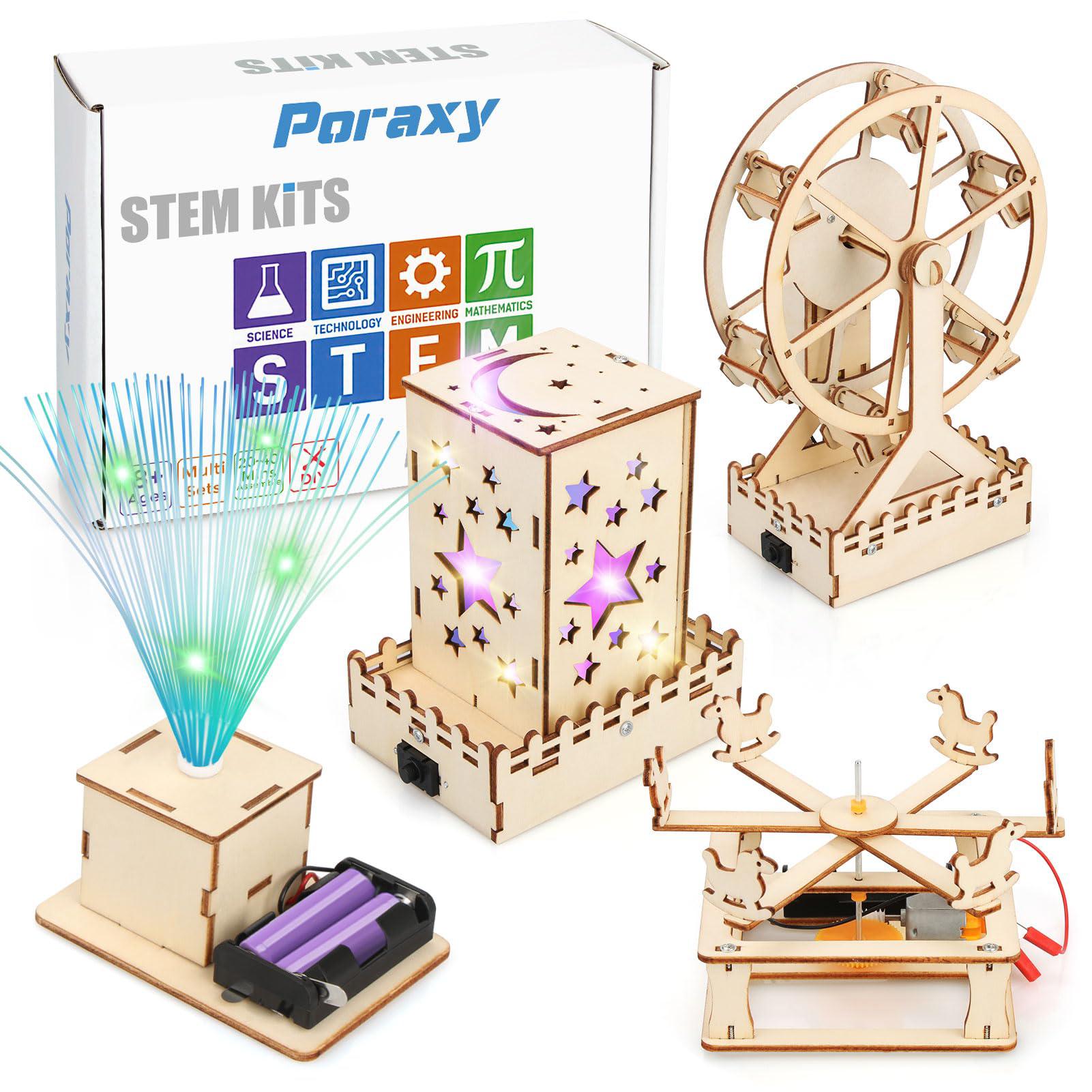 Poraxy 4 in 1 stem kits, wooden construction science kits, stem projects  for kids ages 8-12, 3d puzzles, diy educational craft build