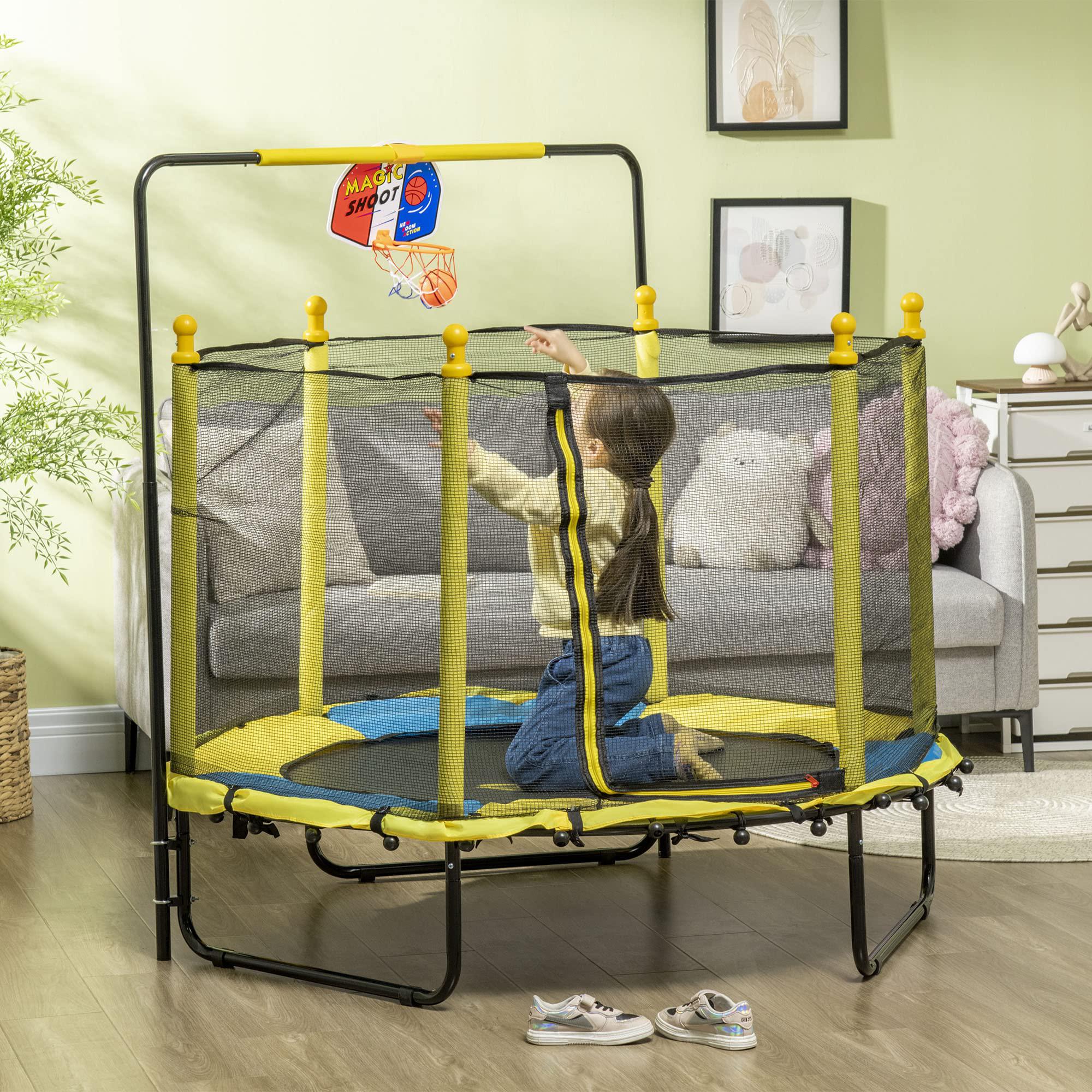 qaba 4.6' kids trampoline with basketball hoop, horizontal bar, 55" indoor trampoline with net, small springfree trampoline g