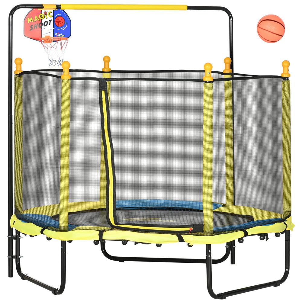 qaba 4.6' kids trampoline with basketball hoop, horizontal bar, 55" indoor trampoline with net, small springfree trampoline g