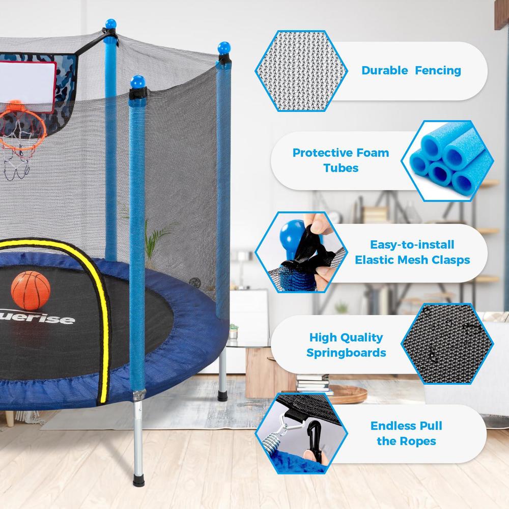 bluerise trampoline 55in indoor trampoline for kids outdoor play for kids trampoline basketball hoop attachment with enclosur