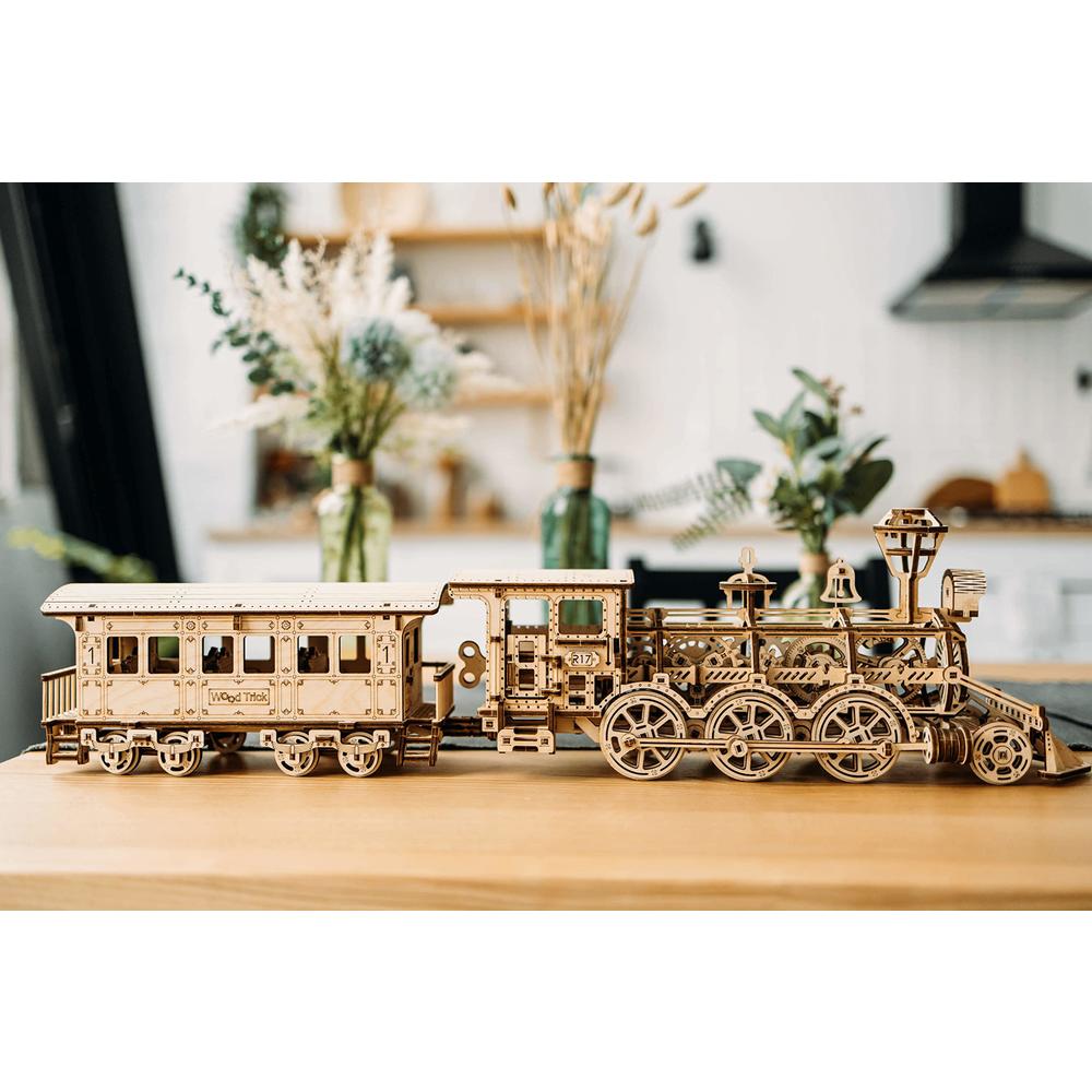 wood trick wooden toy train set with railway - 34x7? - locomotive train toy mechanical model kit - 3d wooden puzzles for adul