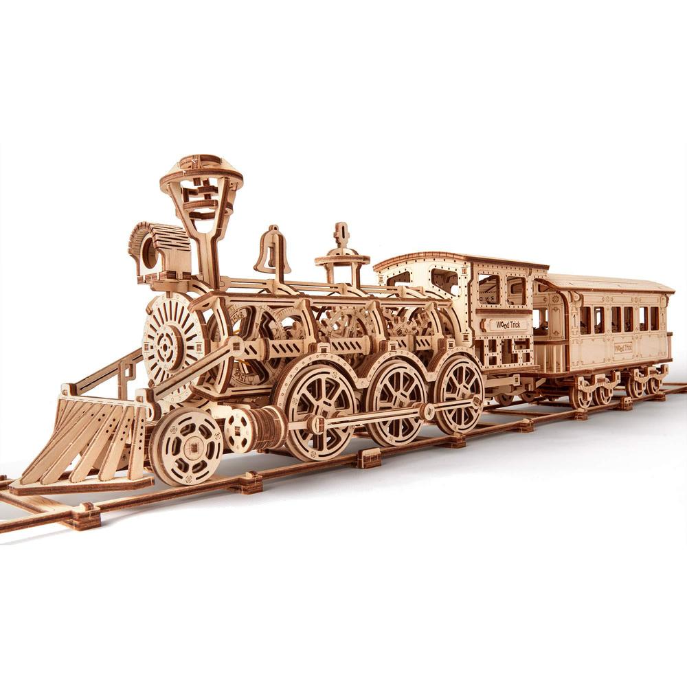 wood trick wooden toy train set with railway - 34x7? - locomotive train toy mechanical model kit - 3d wooden puzzles for adul