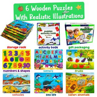 Wooodlify wooden puzzles for toddlers 1-3 with rack - 6 pack wooden peg  puzzles and storage