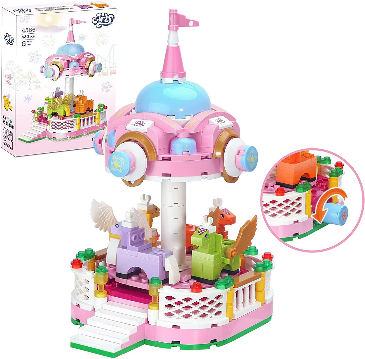 finebely dream girls fairground carousel toys building sets, friends amusement park rotating 4-horse carousel building kit, m