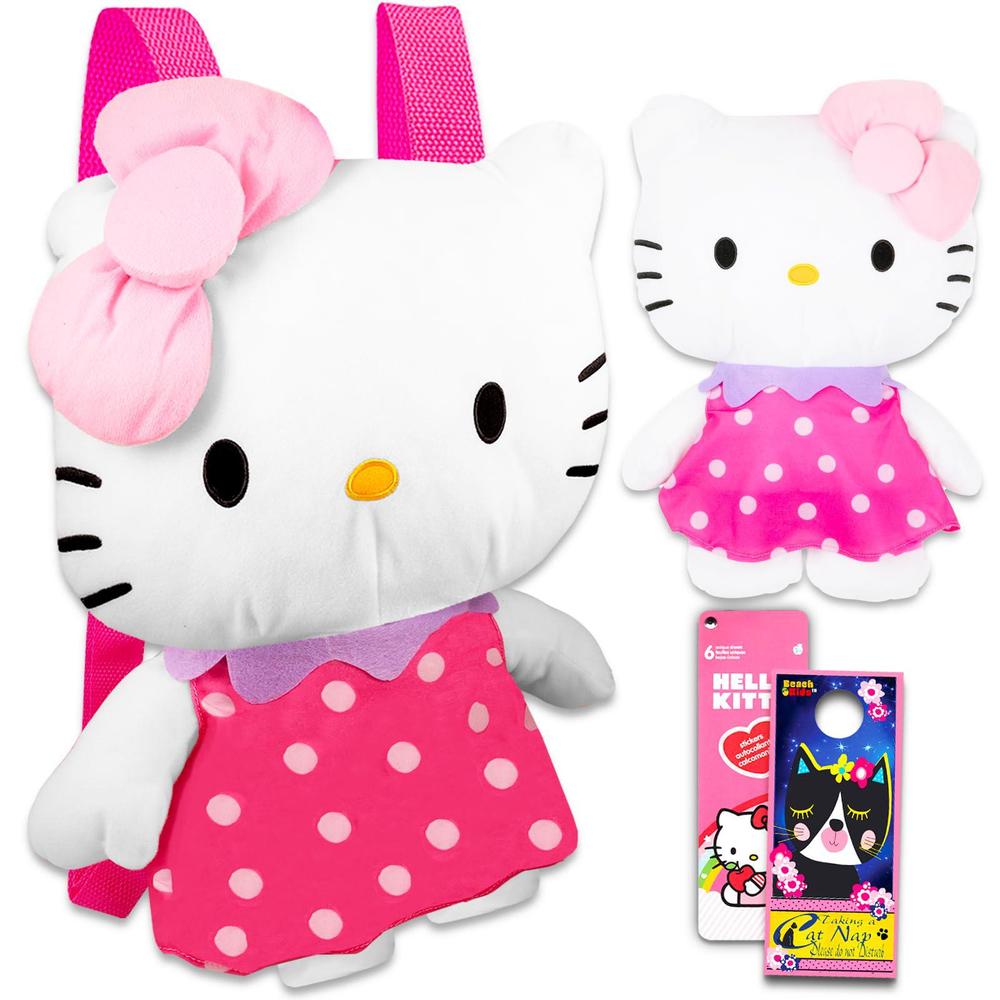 hello kitty plush doll for girls set - bundle with hello kitty plushie with adjustable straps plus hello kitty stickers and m
