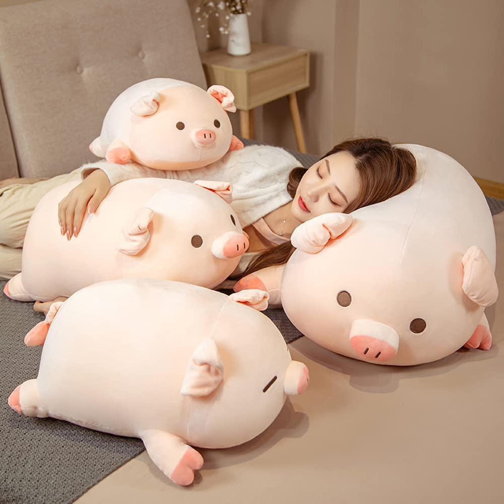 lannery pig stuffed animal hugging pillow, soft fat pig plush toy gifts for kids, valentine, christmas (round eyes, 19.7")