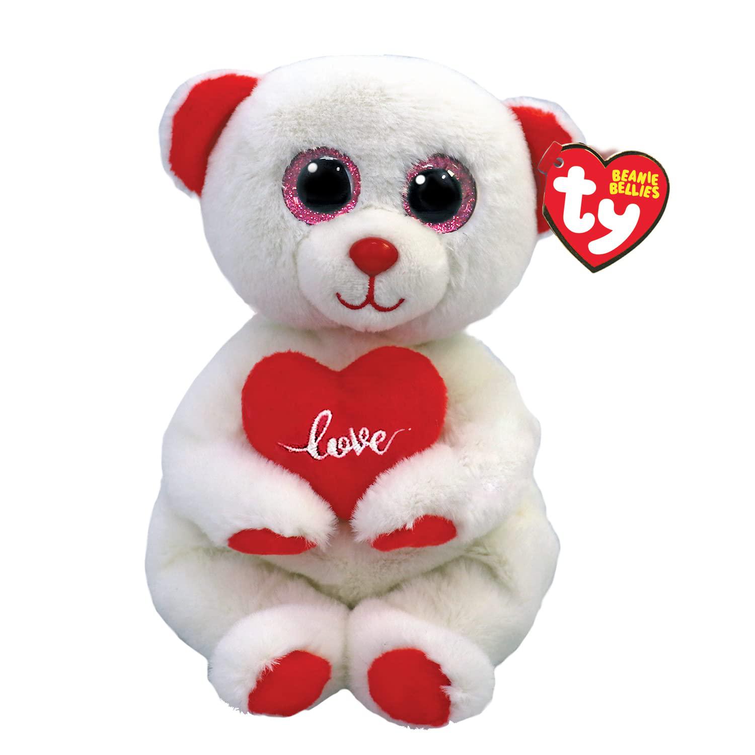 TY Toys ty beanie desi - white valentine bear carrying red heart - 6"
