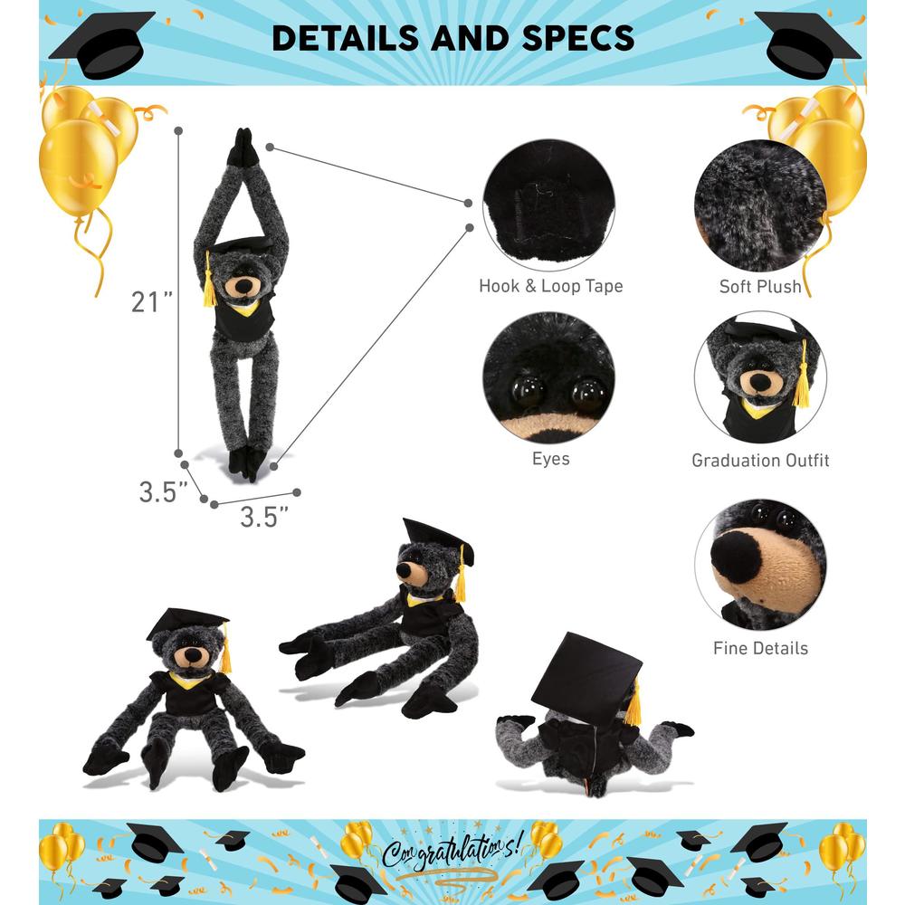 dollibu long arms black bear graduation plush toy - super soft graduation stuffed animal dress up with gown and cap with tass