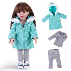 rakki dolli doll clothes 3 pc. set blue grey plaid hooded thick coat suit checkerboard jacket with long sleeve, warm doll out