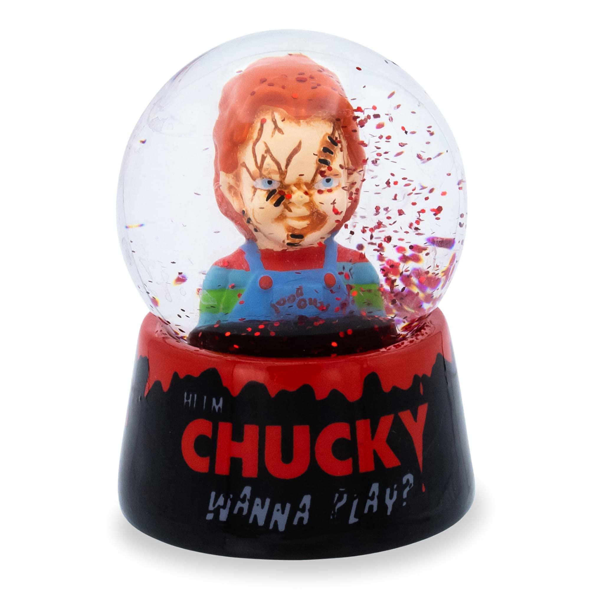 toynk child's play chucky wanna play? 3-inch mini snow globe with swirling glitter display piece | horror movie collectible k