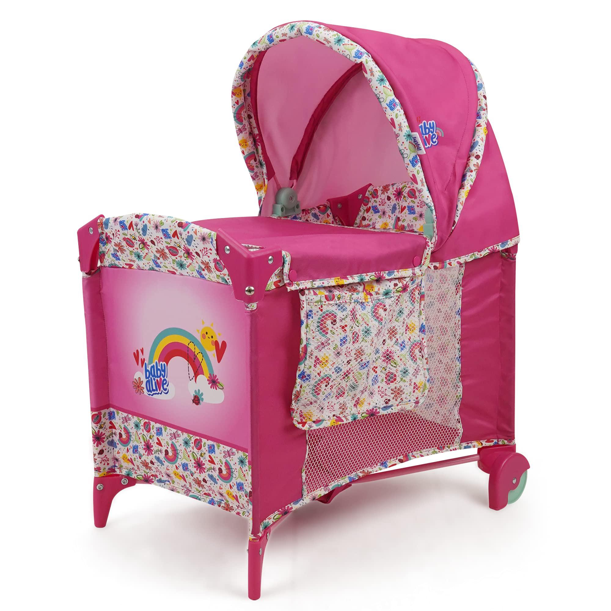 baby alive: deluxe doll play yard - pink & rainbow - fits dolls up to 18", retractable canopy, easy maneuvering, folds for tr
