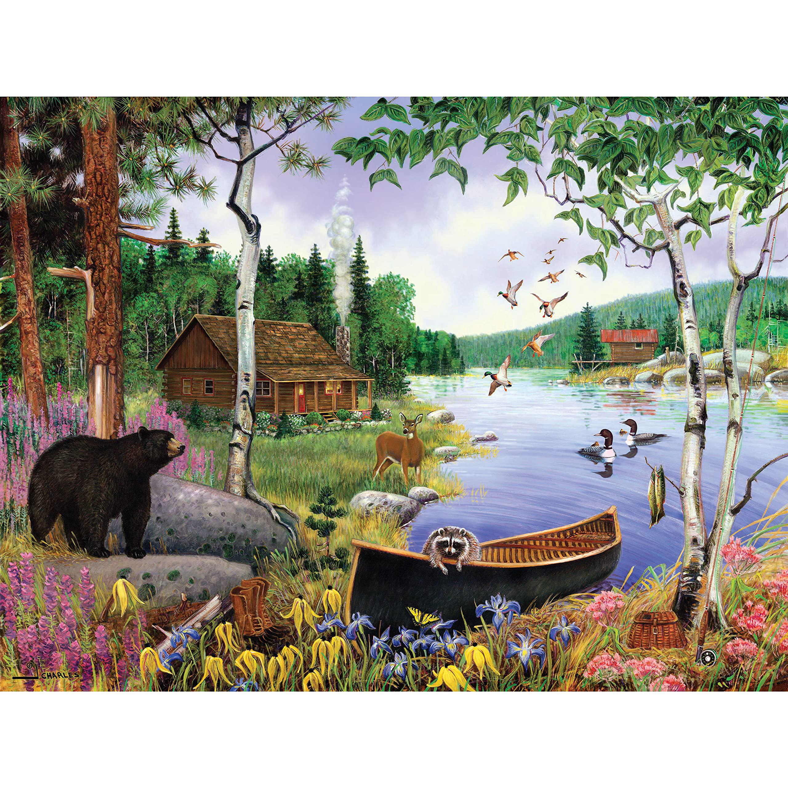 KI Puzzles 550 piece puzzle for adults black bear and cabin by j. charles 24x18 country life jigsaw from ki puzzles (02632-sb)