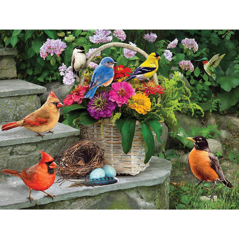 bits and pieces - 300 piece jigsaw puzzle for adults - birds on the porch steps - 300 pc large piece flowers jigsaw by greg g