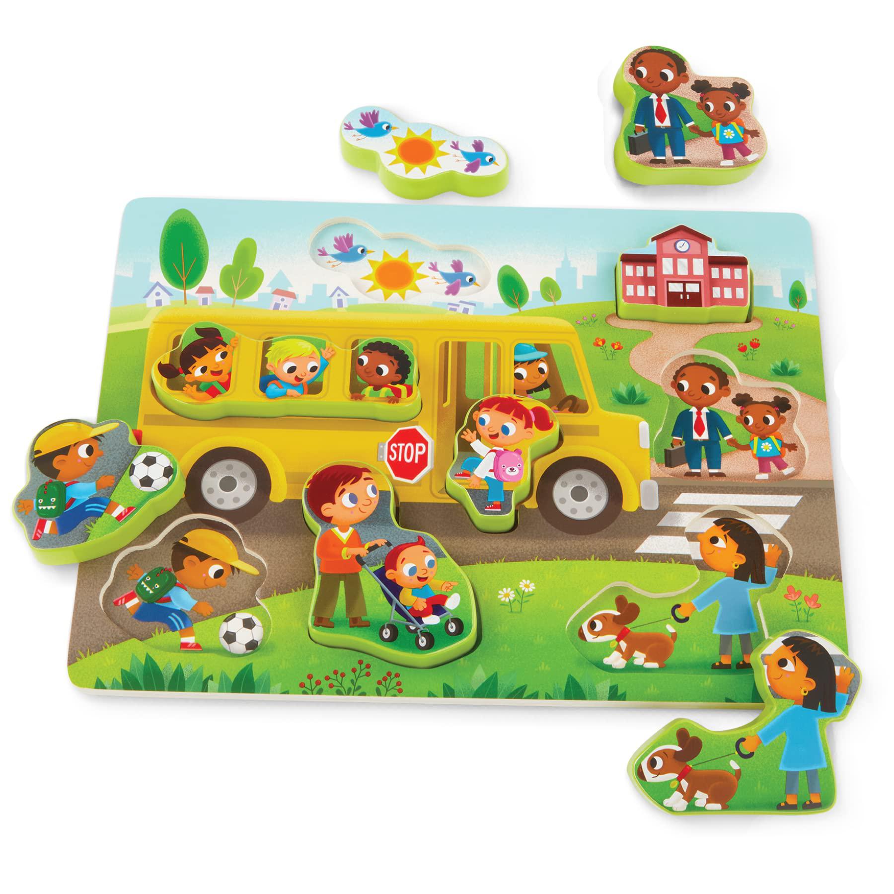 B.toys b. toys - chunky puzzle - puzzle for toddlers, kids - school bus puzzle - school, bus, students - 2 years + - peek & explore 