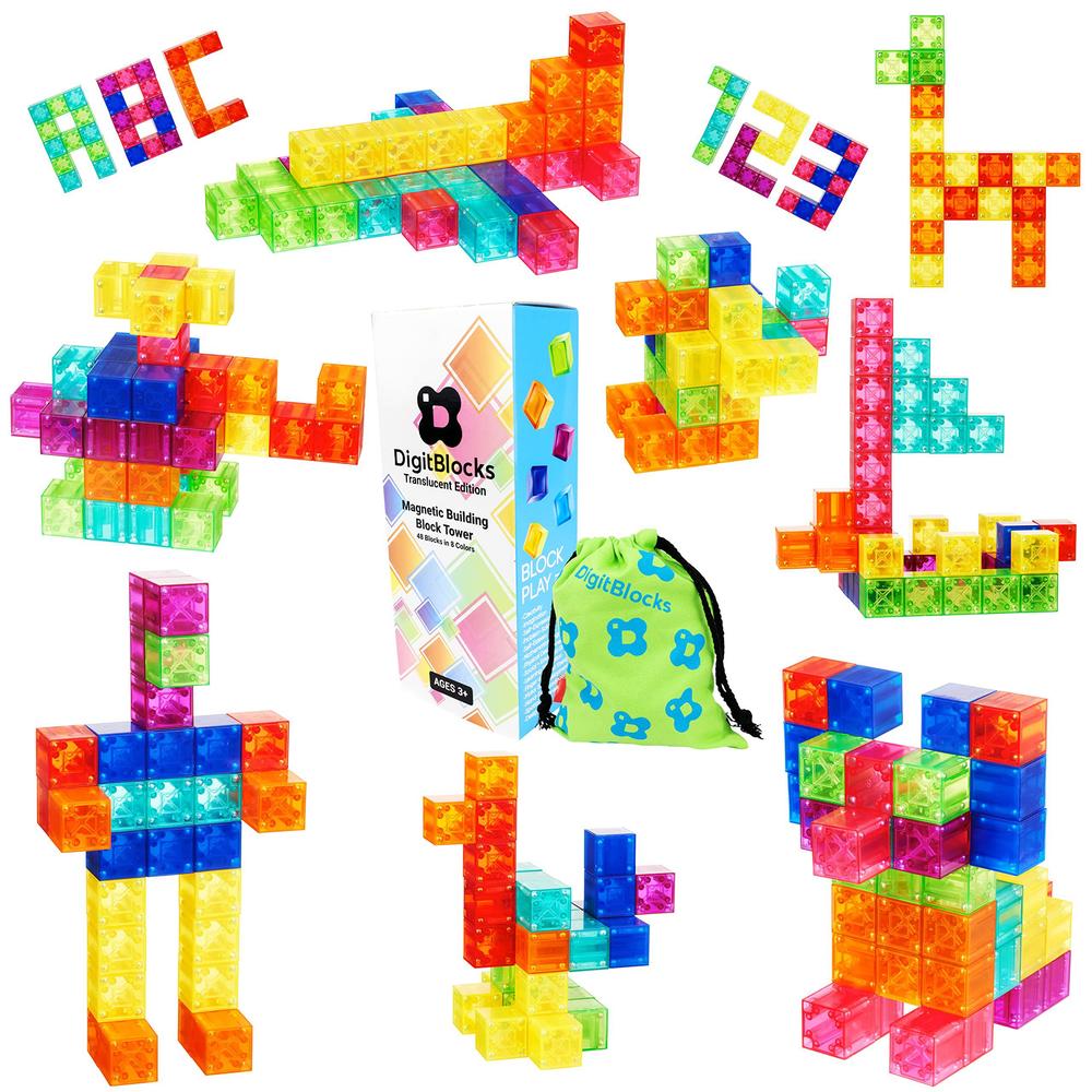 brainspark translucent digit blocks 48 pieces magnetic building blocks, montessori clear magnet cubes for boys and girls stac